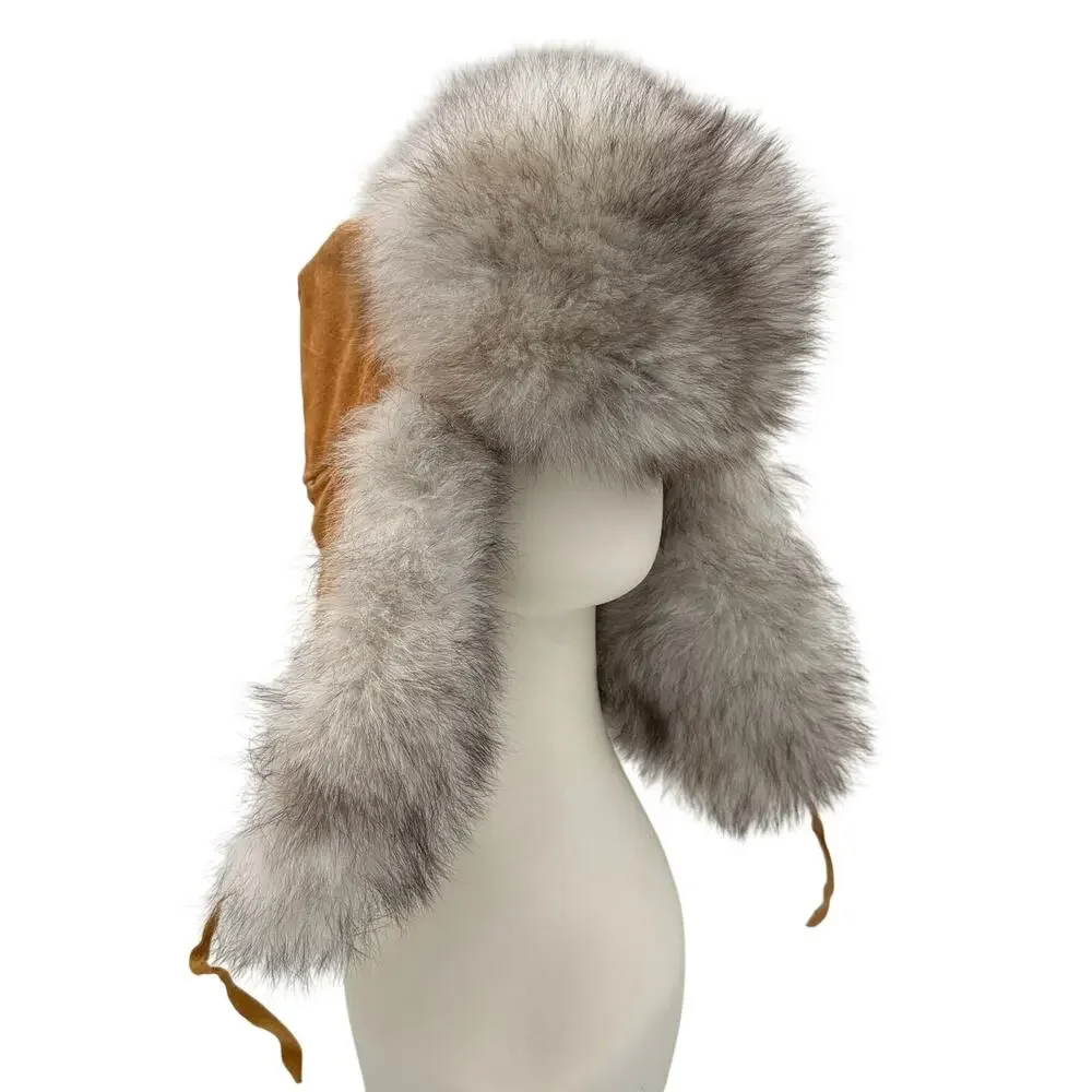 Genuine Rabbit Fur Trapper Hat Ushanka Made in Russia Tan Suede Vintage
